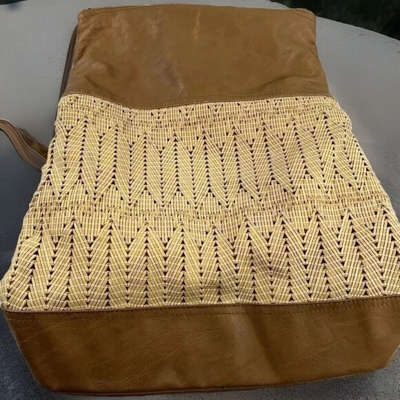 POVERTY FLATS FAUX LEATHER Boho BACKPACK Bag Purse  Brown/Yellow Geo‎ Design - Picture 1 of 14
